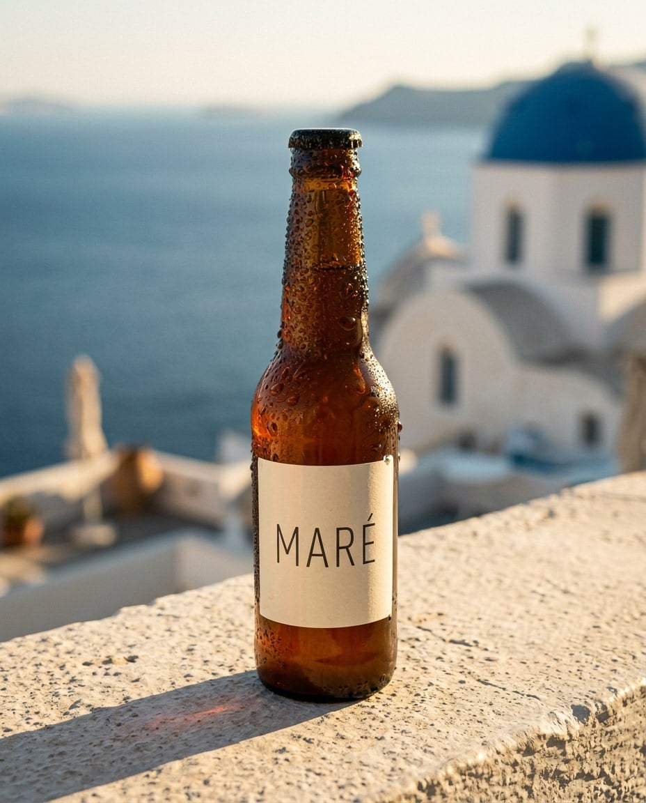 A mesma garrafa MARÉ, gelada e coberta de gotas, sobre um muro de pedra branca num terraço de Santorini ao golden hour, com o mar Egeu e uma cúpula azul desfocados ao fundo