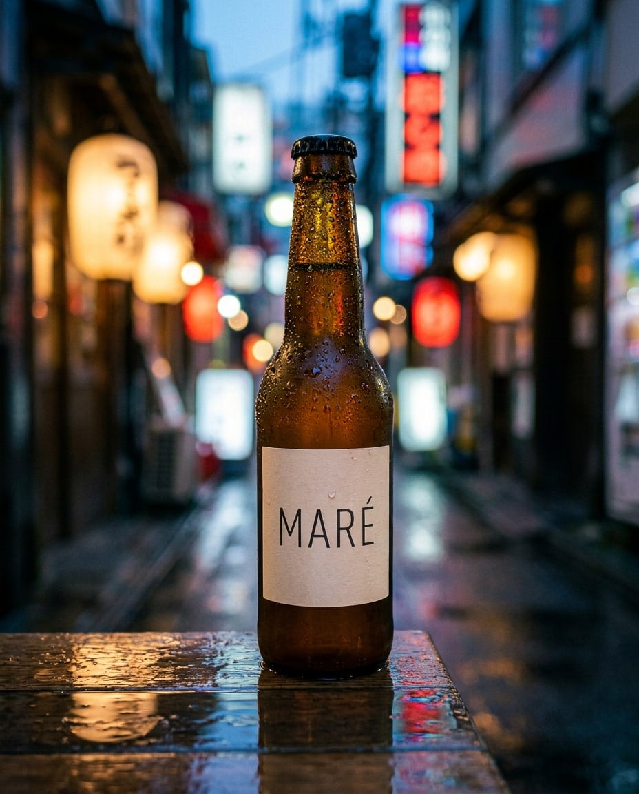 A mesma garrafa MARÉ da foto na cozinha, gelada e coberta de gotas, num beco estreito de Tóquio à noite depois da chuva, com lanternas de papel e letreiros de neon desfocados ao fundo