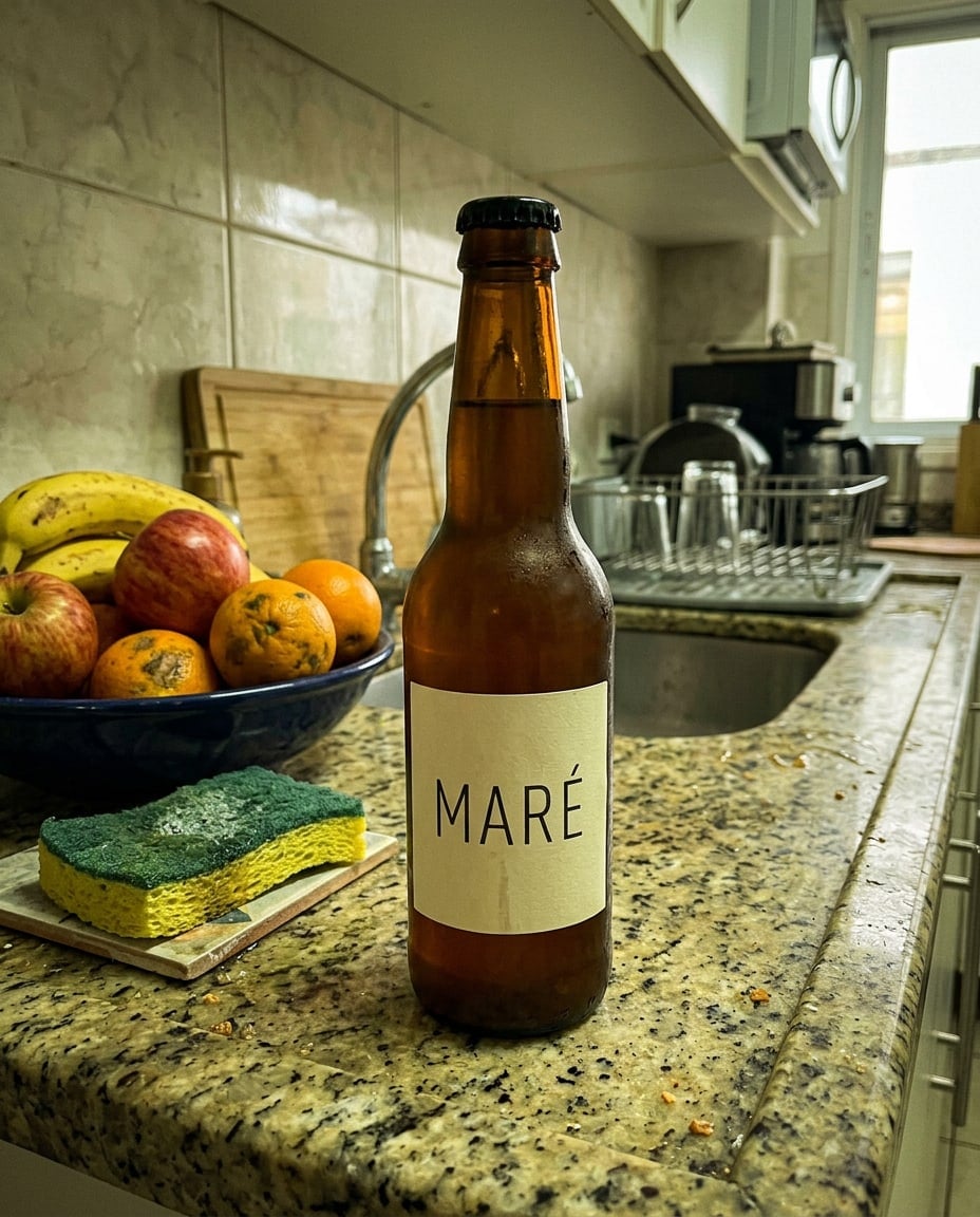 Foto real da garrafa âmbar MARÉ, com rótulo creme, numa cozinha